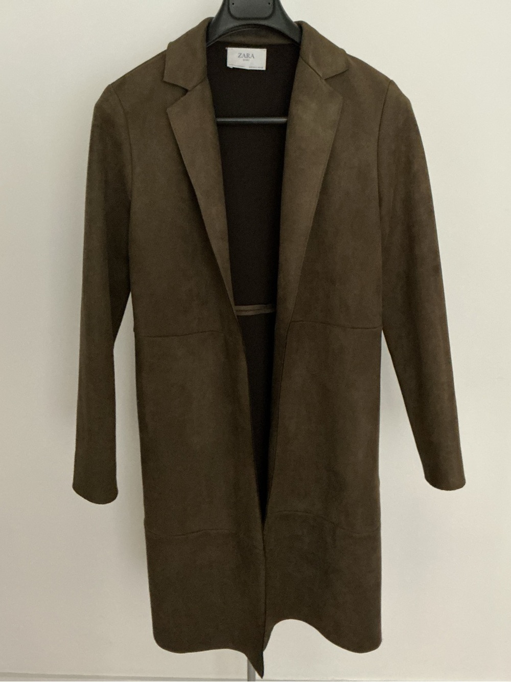Zara Woman olive green faux-suede open-front long coat
